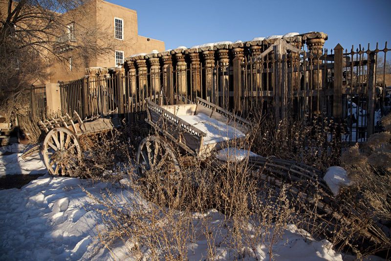 Old abandoned  stagecoach in Santa Fe in winter