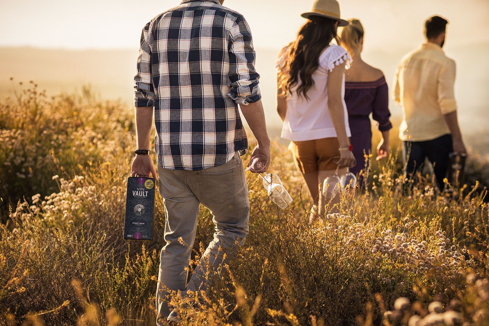 Lifestyle wine country campaign for wine in the box with young people walking for a picnic 
